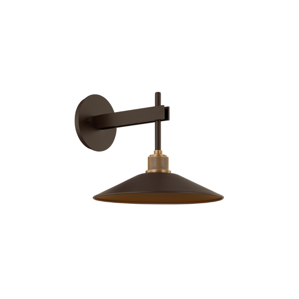 Harac exterior wall sconce with a bronze finish and a knurled patina brass socket cup.