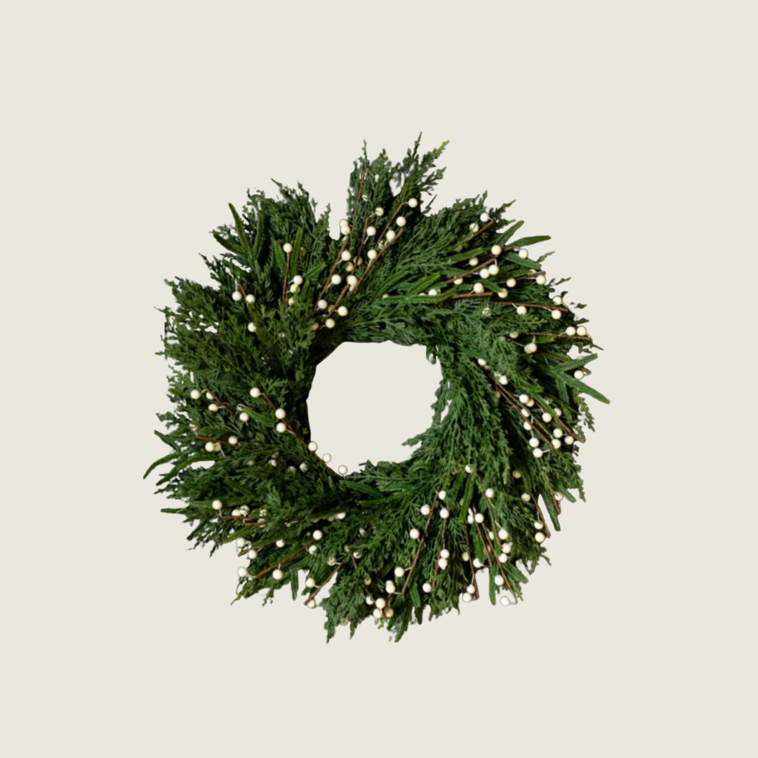 Faux White Plum Berry Norfolk Cypress Wreath