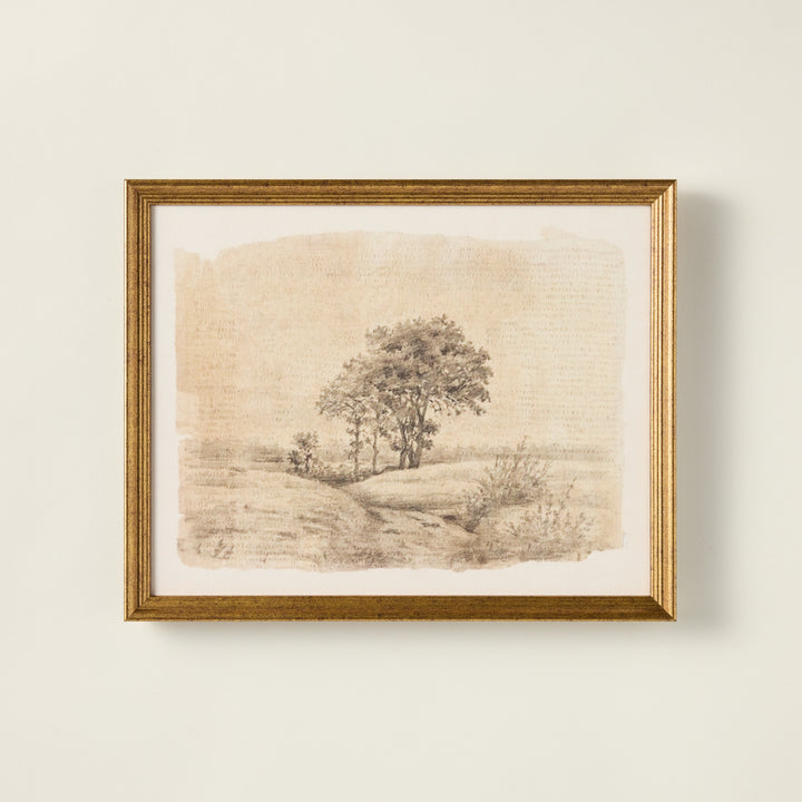 Framed vintage-inspired landscape canvas print with an aged patina and a rustic feel.