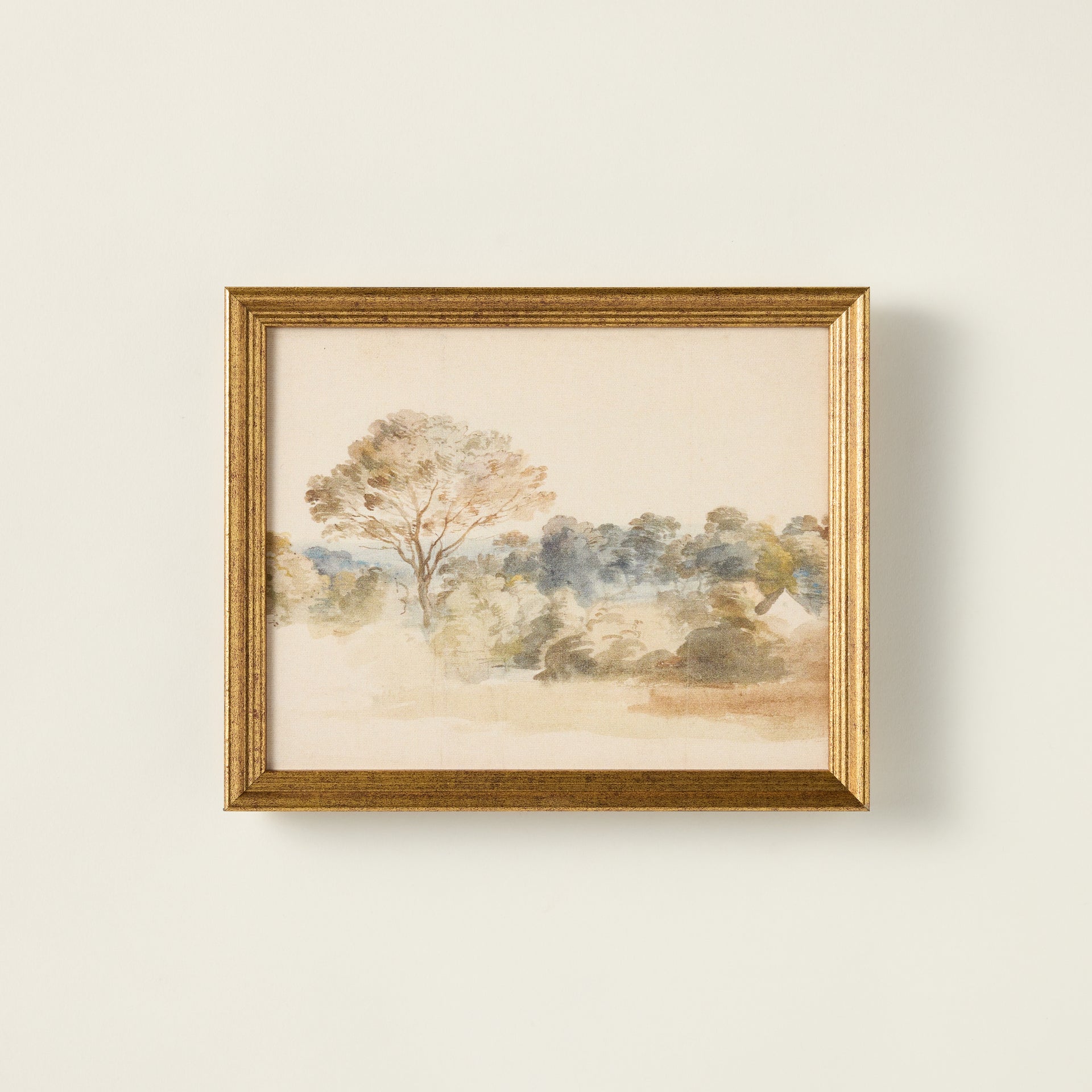 Vintage-inspired watercolor landscape print on canvas, with an authentic aged patina and subtle colors.