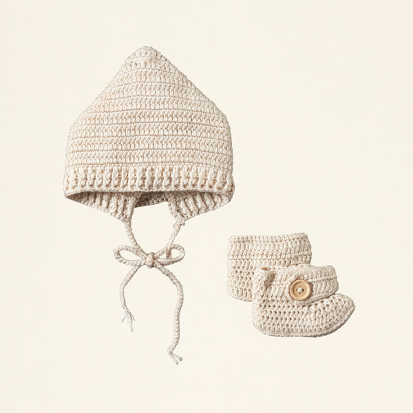 Crocheted Bonnet & Bootie Set - Cream