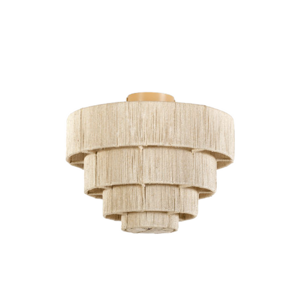 Natural fine abaca rope tightly wrapped over a powder coated metal frame. Flush  mount comes with a