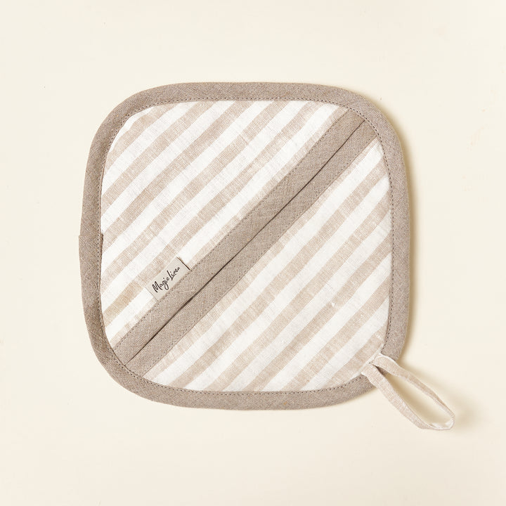 Striped linen potholder, quilted with a modern, elegant design.