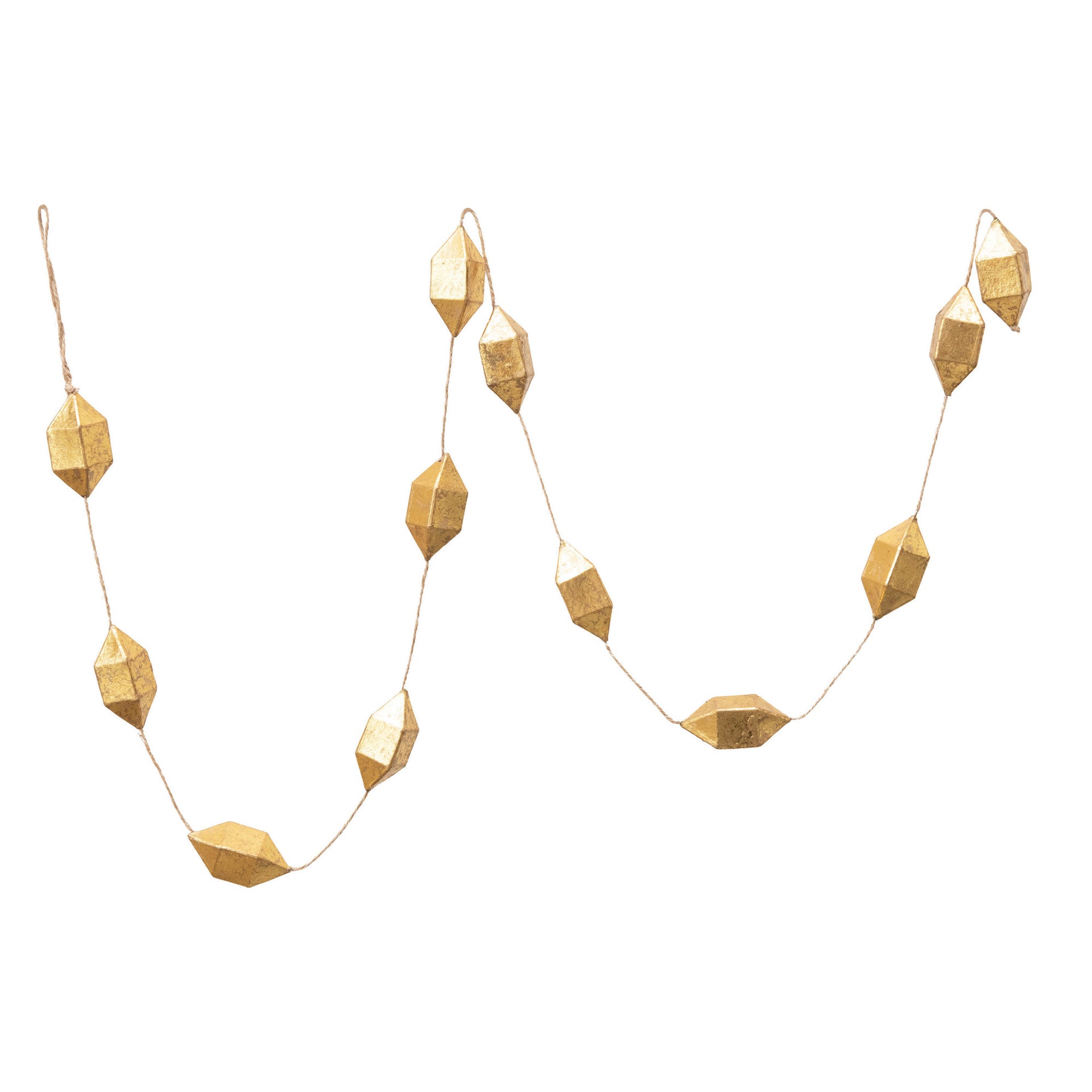 A festive garland with gold geometric shapes made from paper mache.