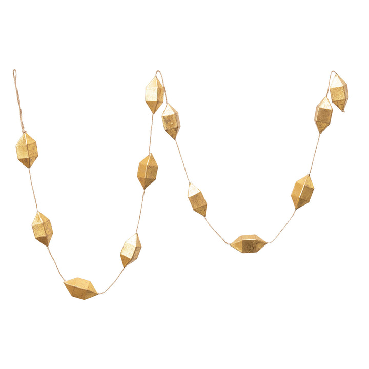 A festive garland with gold geometric shapes made from paper mache.